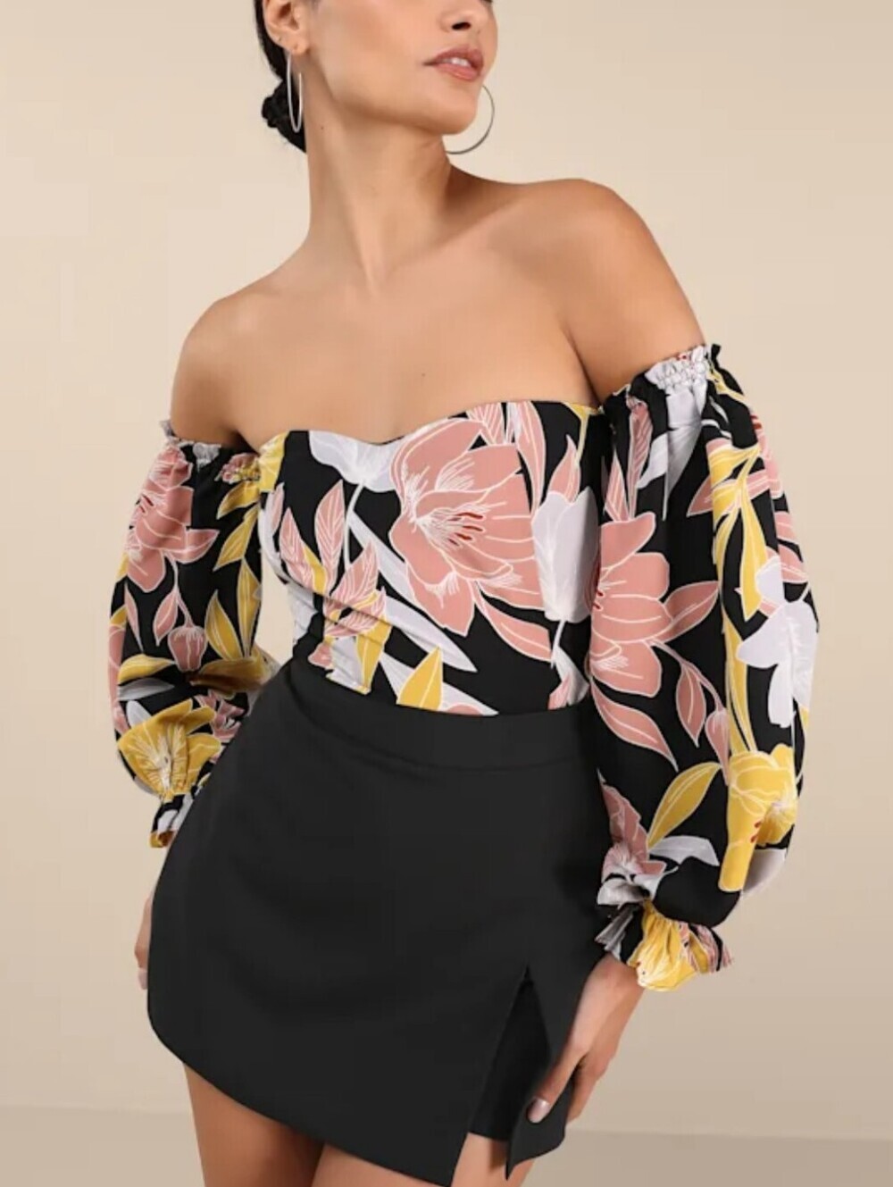 Lulu's Bring the Blossom Black Floral Print Off-the-Shoulder Bodysuit Sz S NEW